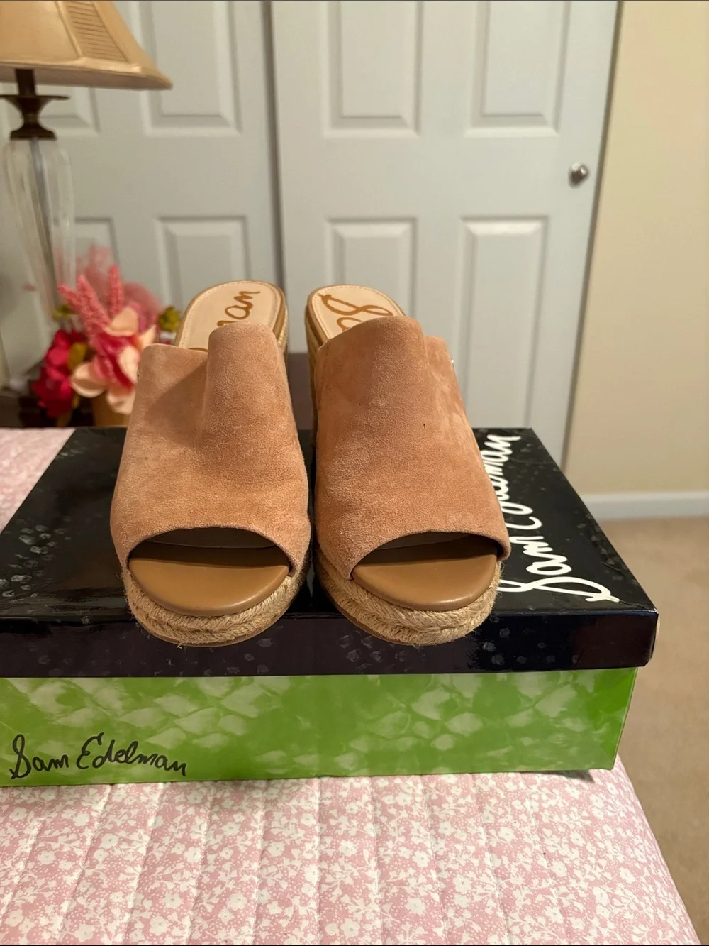 Sam Edelman Tan Suede Espadrille Peep-Toe Wedge Mules comes in the box.